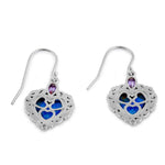 Sterling Silver Blue Lab Opal Victorian Heart with Amethyst Pear CZ Earrings