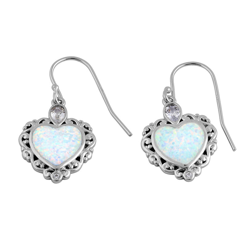 Sterling Silver White Lab Opal Victorian Heart with Clear Pear CZ Earrings