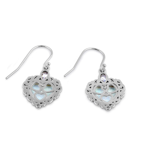 Sterling Silver White Lab Opal Victorian Heart with Clear Pear CZ Earrings