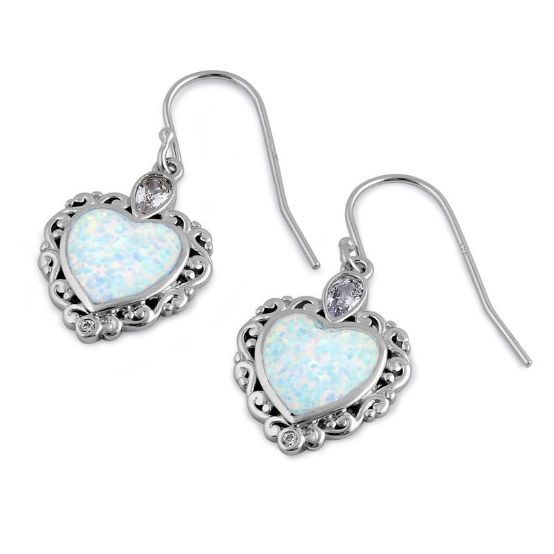 Sterling Silver White Lab Opal Victorian Heart with Clear Pear CZ Earrings