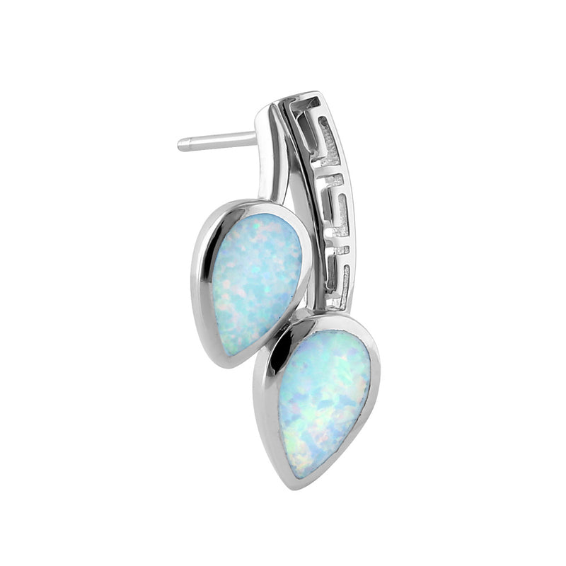 Sterling Silver White Lab Opal Greek Pear Drop Earrings