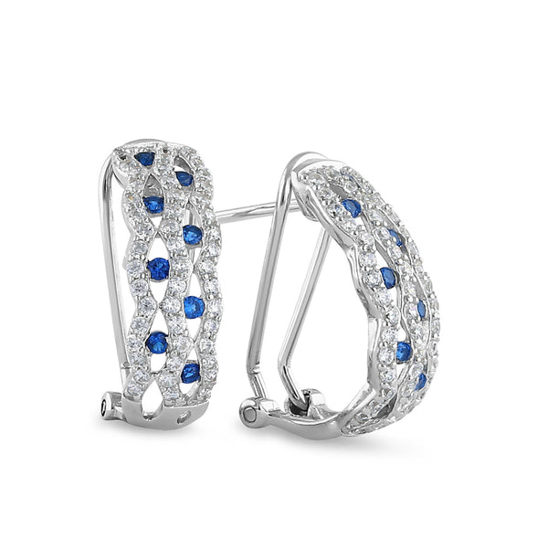 Sterling Silver Elegant Marquise Semi Hoops Round Cut Clear and Sapphire CZ Earrings