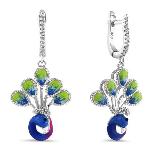 Sterling Silver Hand-Painted Royal Peacock Round Cut Clear CZ Earrings