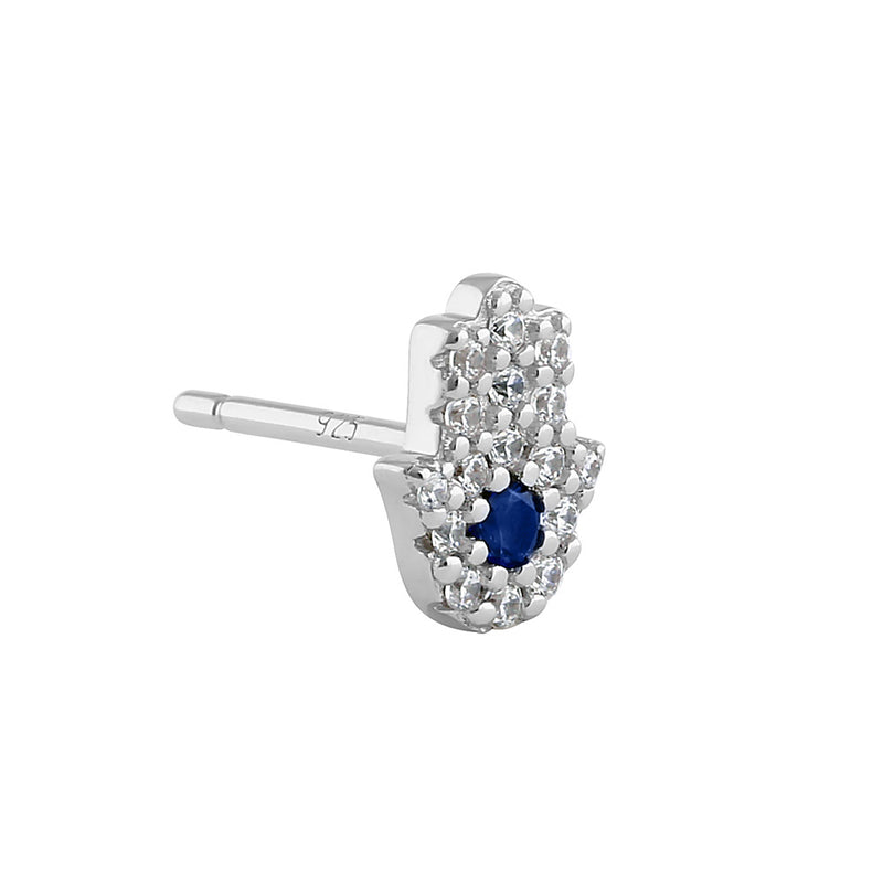 Sterling Silver Petite Hamsa Round Sapphire Clear Cut CZ Earrings