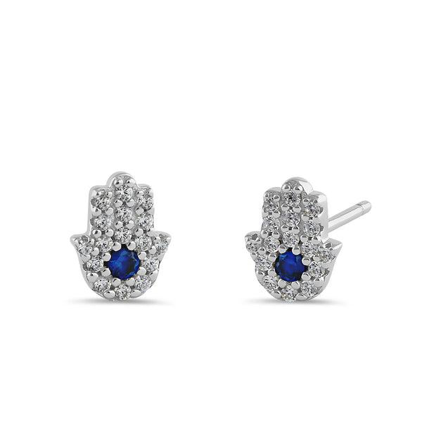 Sterling Silver Petite Hamsa Round Sapphire Clear Cut CZ Earrings