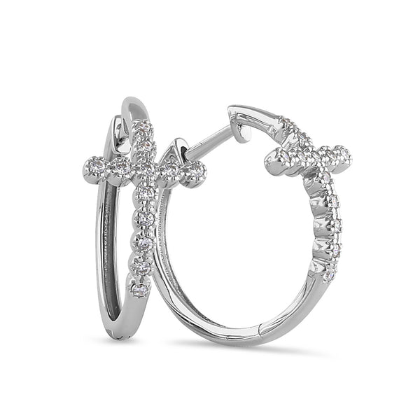 Sterling Silver Bubbly Cross Hoops Round Cut Clear CZ Earrings