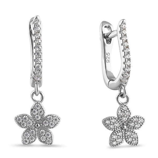 Sterling Silver Dainty Dangle Flower Round Cut Clear CZ Earrings