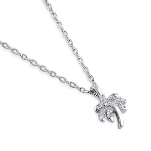 Sterling Silver Clear CZ Dainty Palm Tree Necklace