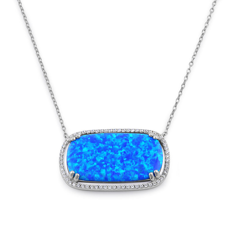 Sterling Silver Blue Opal Squoval Halo CZ Necklace