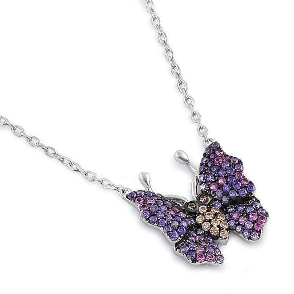 Sterling Silver Chic Butterfly Round Cut Amethyst, Ruby and Brown CZ Necklace