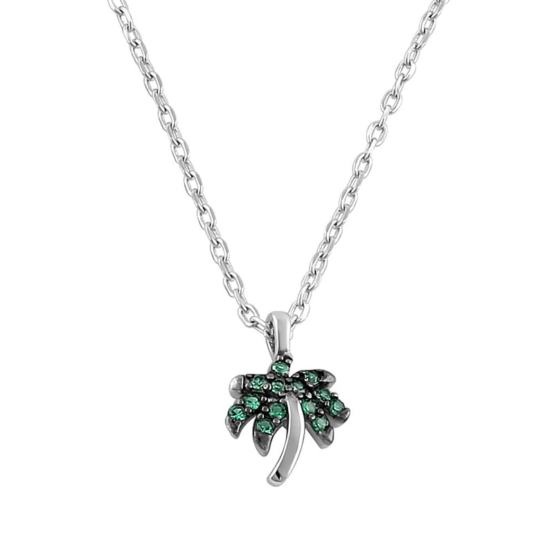 Sterling Silver Dainty Palm Tree Round Cut Emerald CZ Necklace