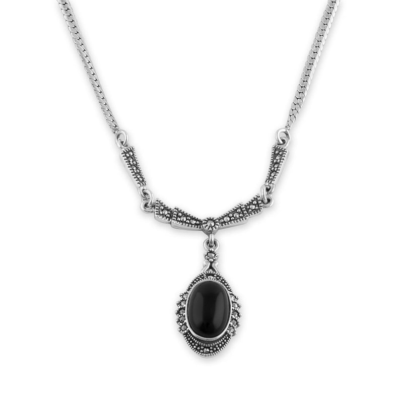 Sterling Silver Victorian Black Onyx Oval Halo Marcasite Necklace