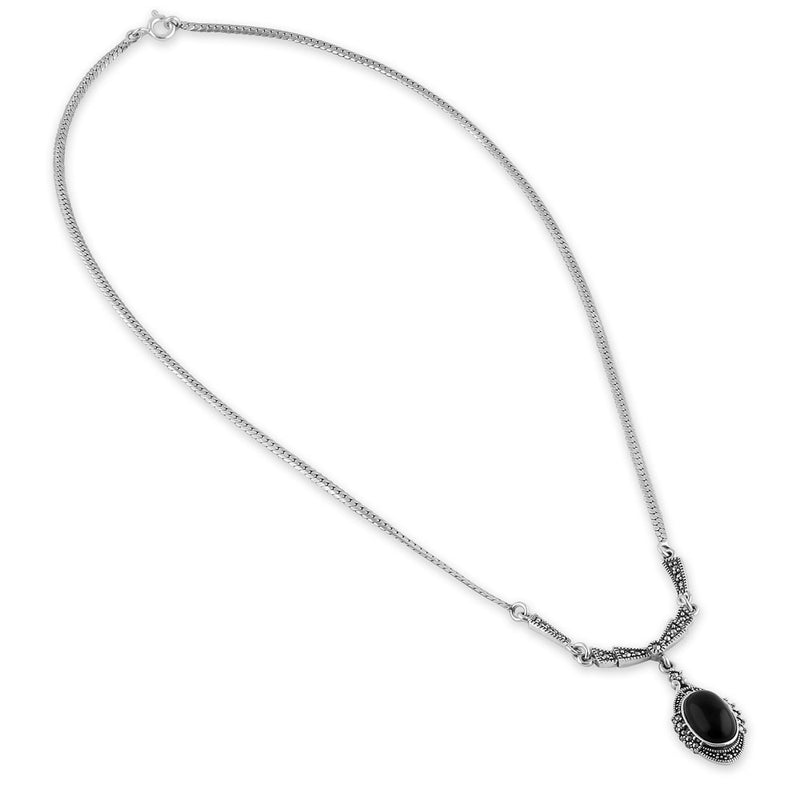 Sterling Silver Victorian Black Onyx Oval Halo Marcasite Necklace