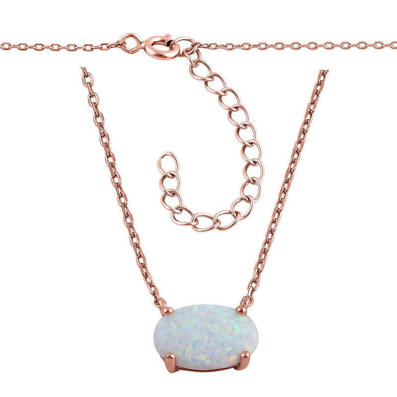 Sterling Silver Rose Gold Plated Oval White Lab Opal Necklace
