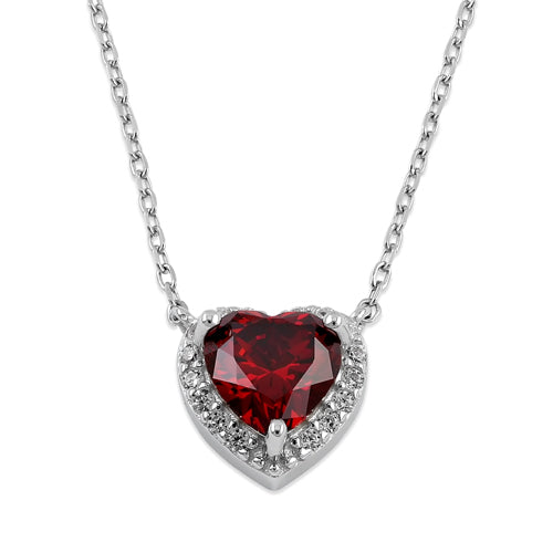 Sterling Silver Dark Garnet and Clear CZ Heart Halo Necklace