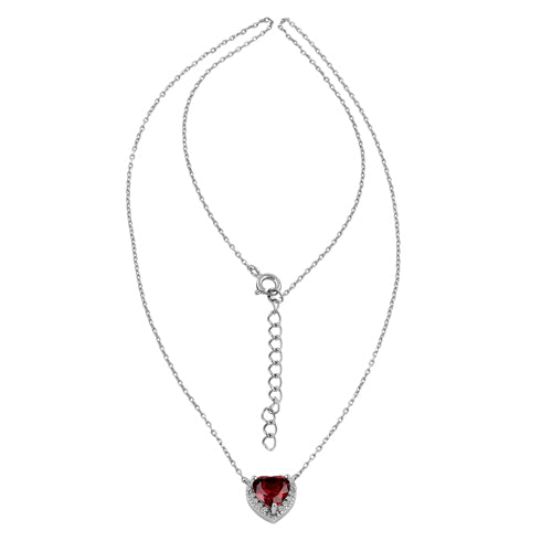 Sterling Silver Dark Garnet and Clear CZ Heart Halo Necklace