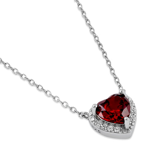 Sterling Silver Dark Garnet and Clear CZ Heart Halo Necklace