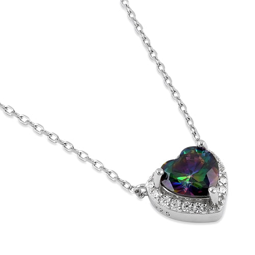 Sterling Silver Rainbow and Clear CZ Heart Halo Necklace