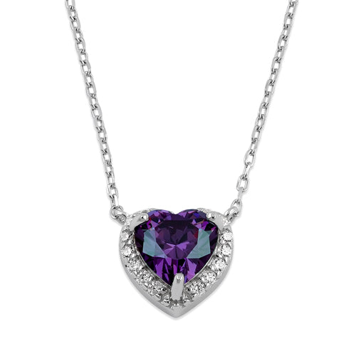 Sterling Silver Amethyst and Clear CZ Heart Halo Necklace
