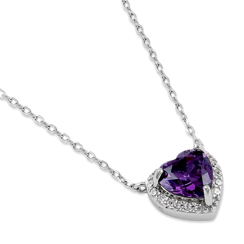 Sterling Silver Amethyst and Clear CZ Heart Halo Necklace