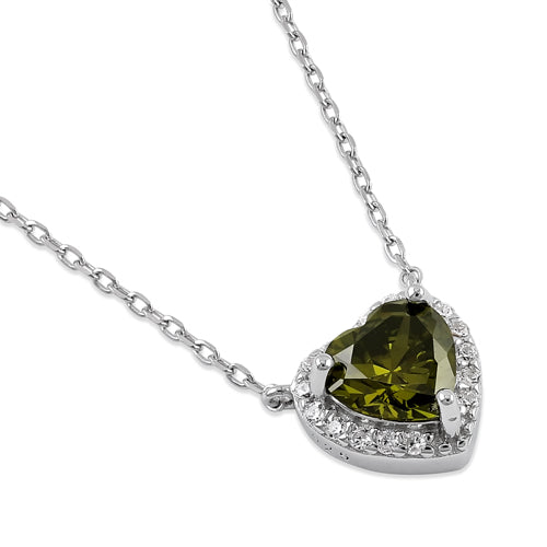 Sterling Silver Peridot and Clear CZ Heart Halo Necklace