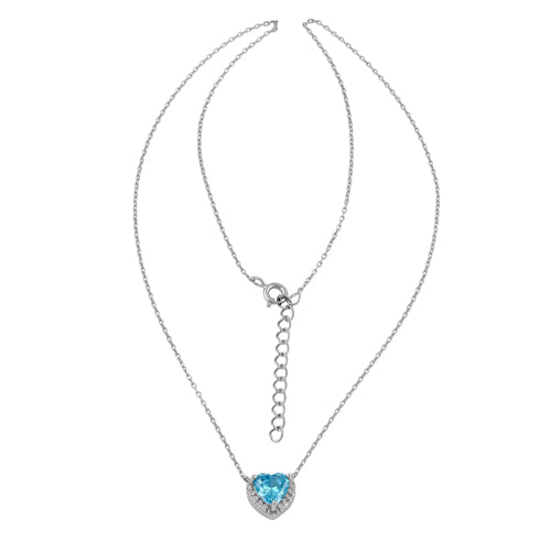 Sterling Silver Blue Topaz and Clear CZ Heart Halo Necklace