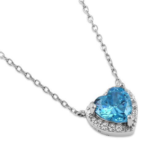 Sterling Silver Blue Topaz and Clear CZ Heart Halo Necklace
