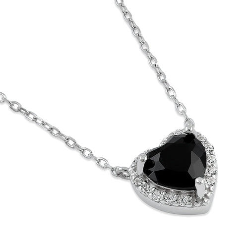 Sterling Silver Black and Clear CZ Heart Halo Necklace