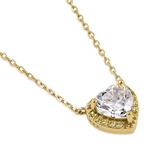 Sterling Silver Clear and Yellow CZ Heart Halo Gold Plated Necklace
