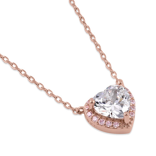 Sterling Silver Clear and Pink CZ Heart Halo Rose Gold Plated Necklace
