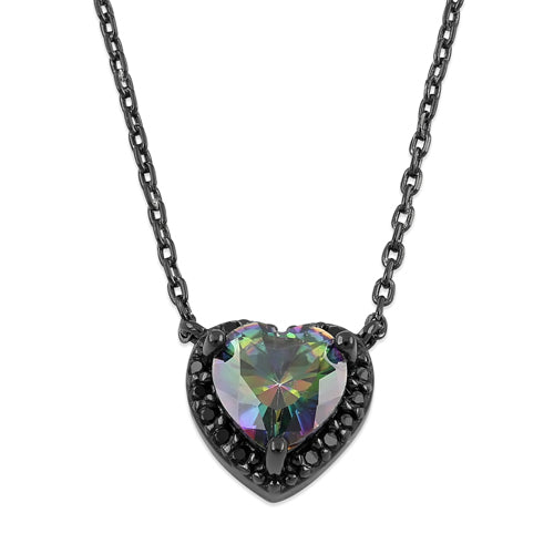 Sterling Silver Rainbow and Black CZ Heart Halo Black Rhodium Plated Necklace