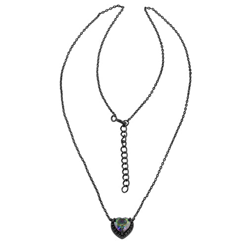 Sterling Silver Rainbow and Black CZ Heart Halo Black Rhodium Plated Necklace