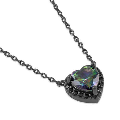 Sterling Silver Rainbow and Black CZ Heart Halo Black Rhodium Plated Necklace