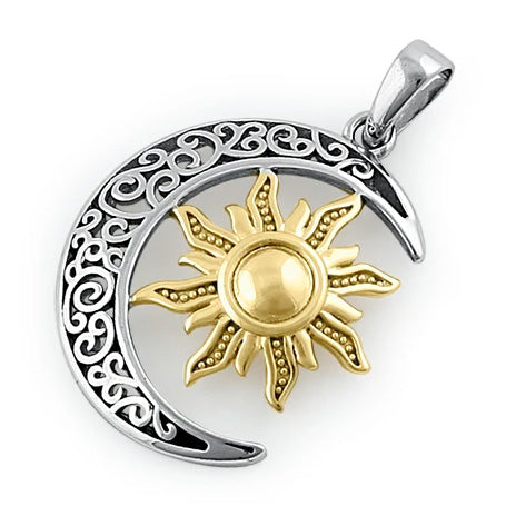 Sterling Silver Two-tone Bohemian  Sun and Moon Pendant