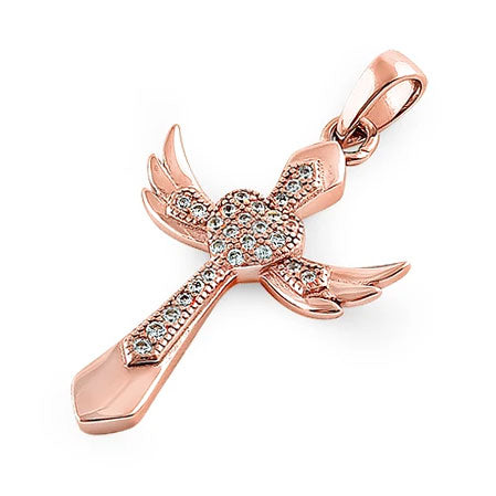 Sterling Silver Winged Cross Clear CZ Rose Gold Pendant