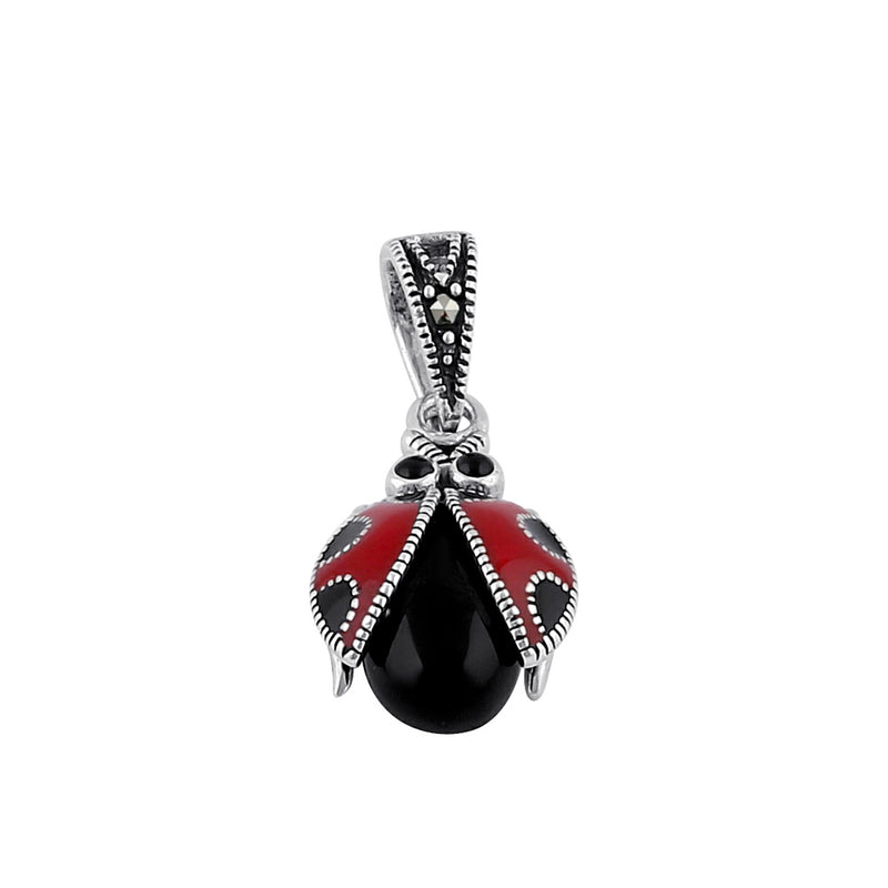 Sterling Silver Black Onyx and Enamel Ladybug Marcasite  Pendant