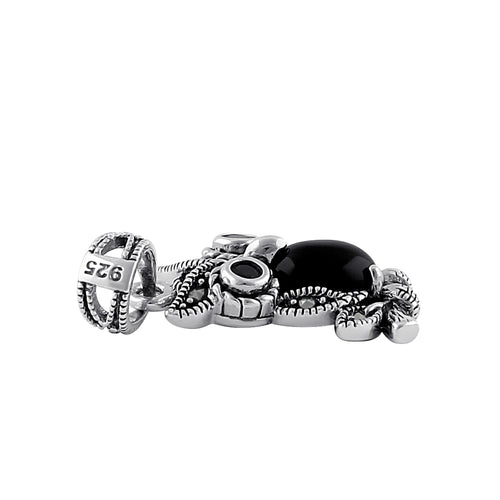 Sterling Silver Black Onyx and Dark Garnet Owl Marcasite Pendant