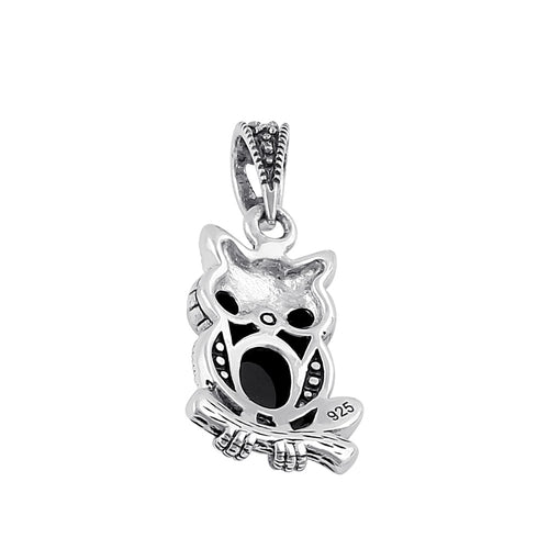 Sterling Silver Black Onyx and Dark Garnet Owl Marcasite Pendant