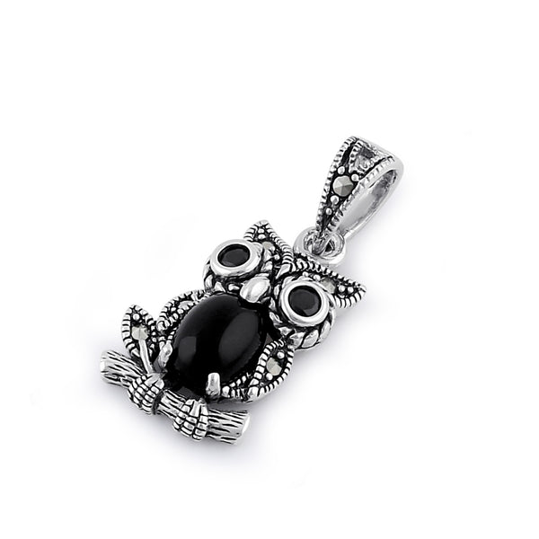 Sterling Silver Black Onyx and Dark Garnet Owl Marcasite Pendant