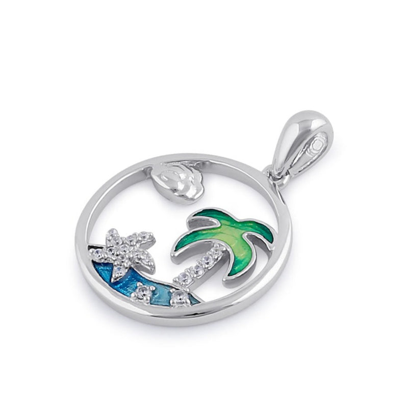 Sterling Silver Clear CZ Enamel Sea Pendant