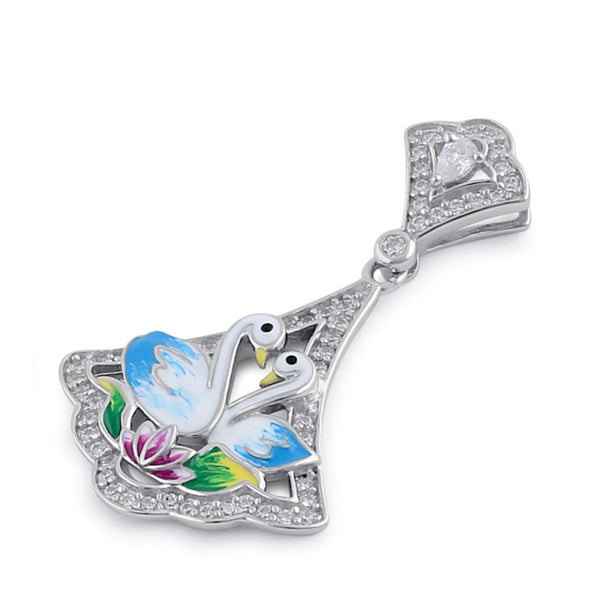 Sterling Silver Clear CZ Enamel Swans Pendant