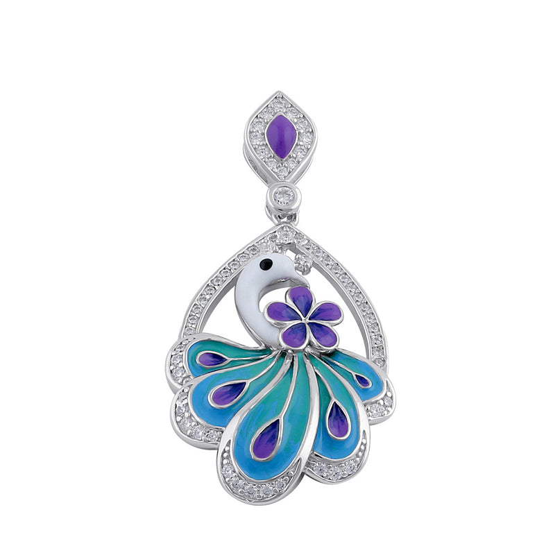 Sterling Silver Clear CZ Enamel Peacock Pendant