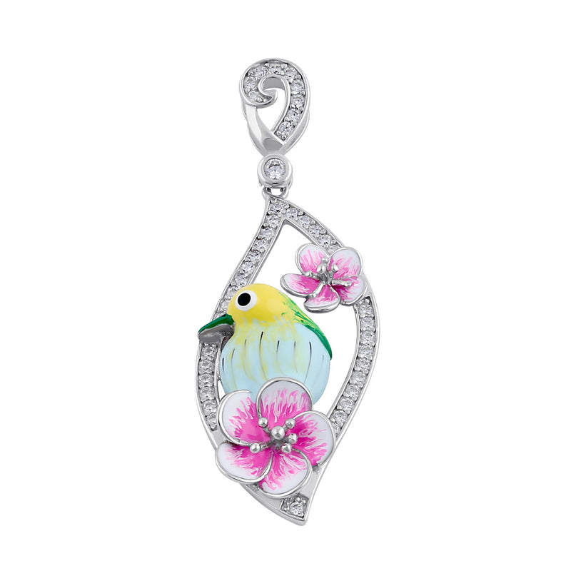 Sterling Silver Clear CZ Enamel Bird and Flower Pendant