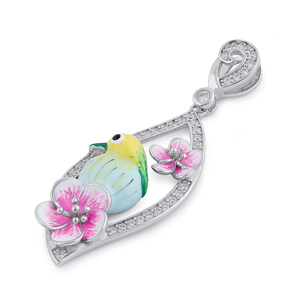 Sterling Silver Clear CZ Enamel Bird and Flower Pendant