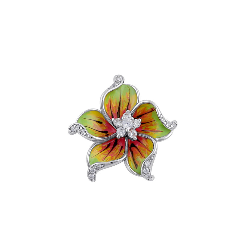 Sterling Silver CZ Enamel Flower Pendant - Hand Painted