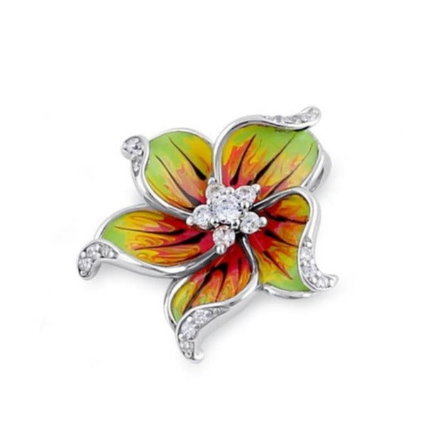 Sterling Silver CZ Enamel Flower Pendant - Hand Painted