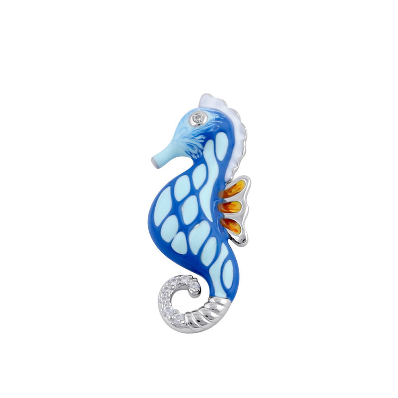 Sterling Silver Clear CZ Enamel Sea Horse Pendant