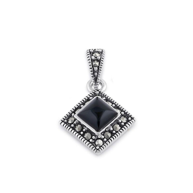 Sterling Silver Onyx Diamond Marcasite Pendant