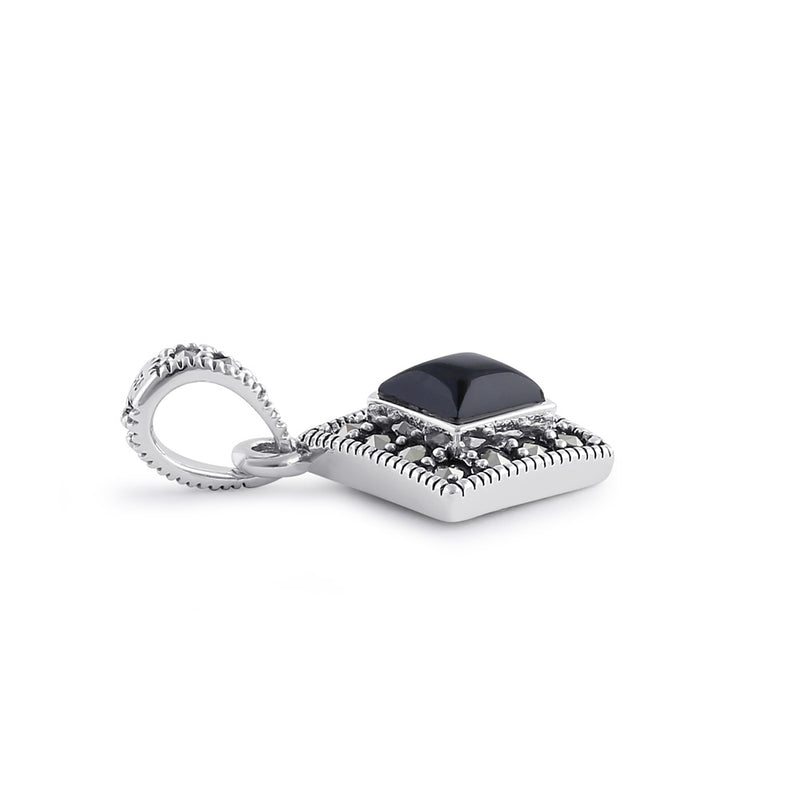 Sterling Silver Onyx Diamond Marcasite Pendant