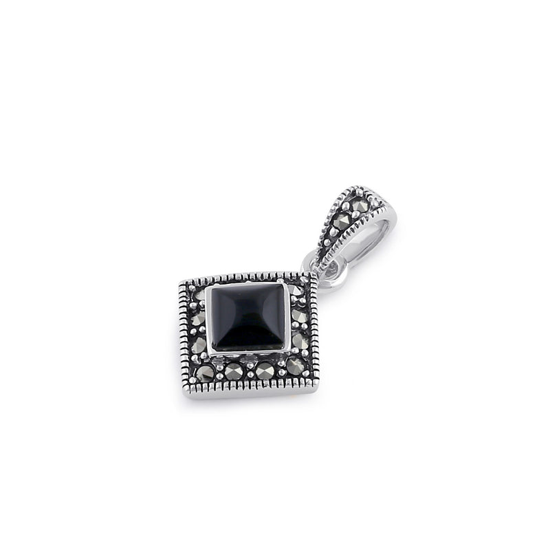 Sterling Silver Onyx Diamond Marcasite Pendant